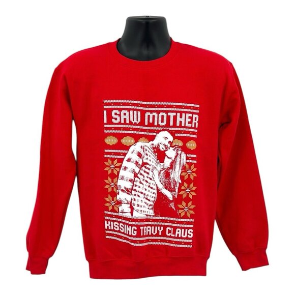 I Saw Mother Kissing Travy Claus Ugly Christmas Sweatshirt Size Small Red Taylor - Picture 2 of 9